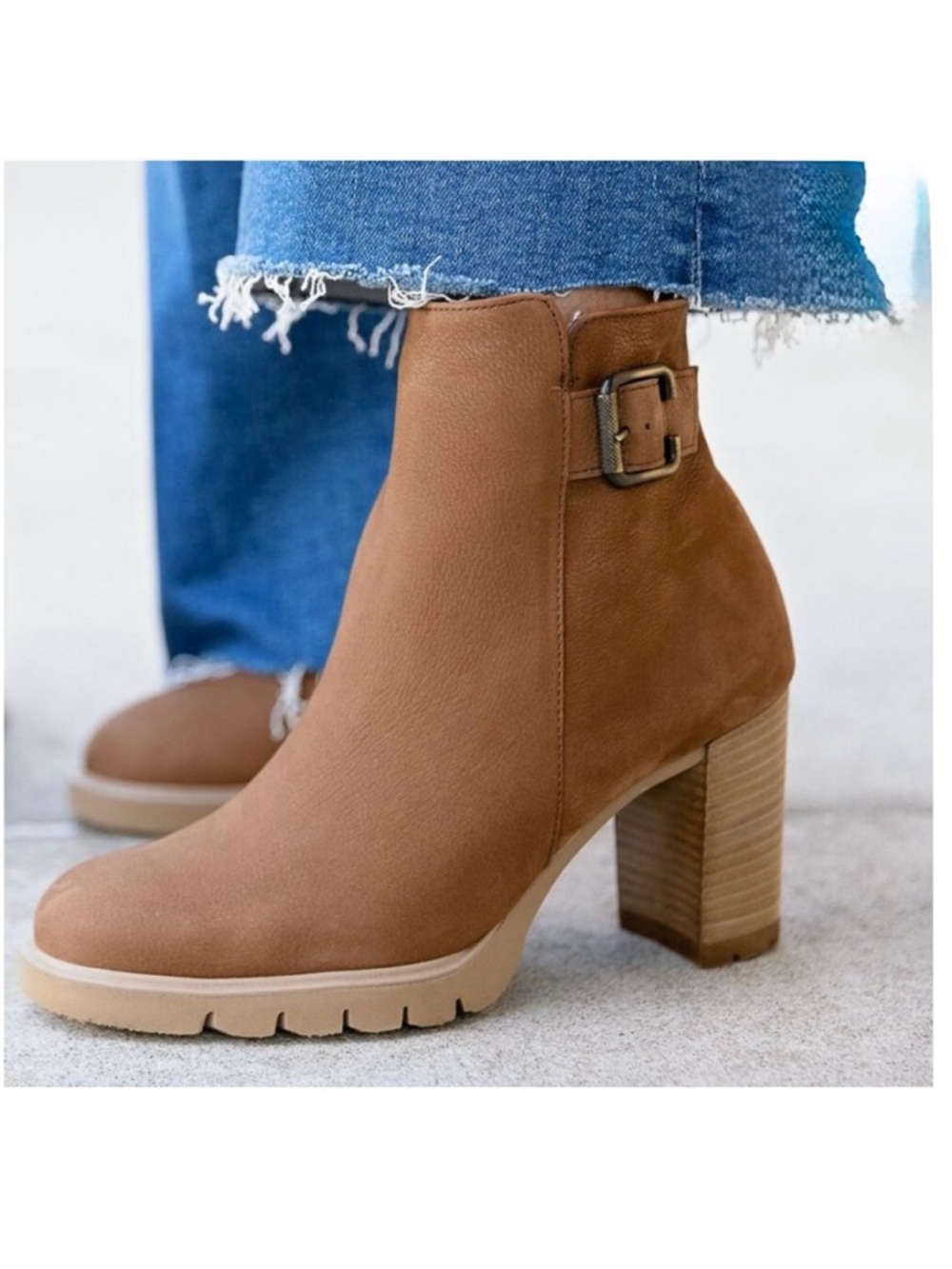 Paul Green Selma Lug Sole Bootie Ankle Boots US 8 Buckle Moto Tan Nubuck NEW
